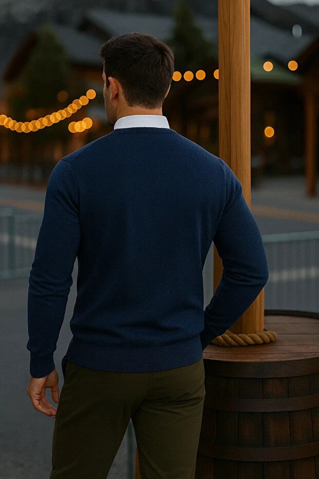 Erkek Basic Kışlık Uzun Mavi Kazak - 6