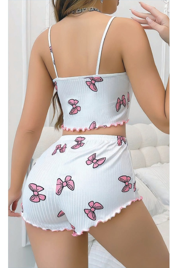 طقم شورت بنقشة الفيونكة – مجموعة عصرية بحمالات رفيعة - 2