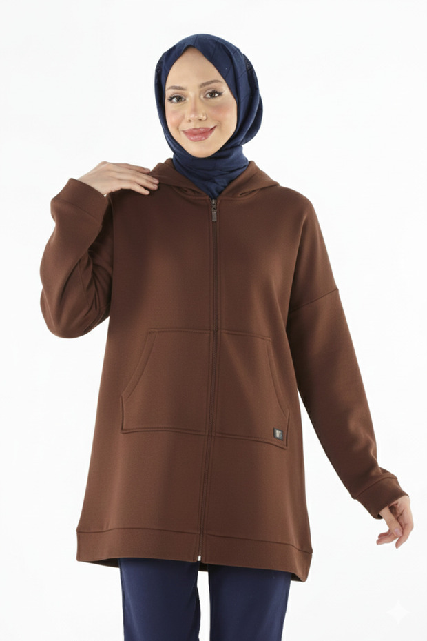 Women'S, Brown, Zippered Kangaroo Pocket Sweatshirt, Soft Brushed Inside , Comfortable Fit Hijab Cap _1929