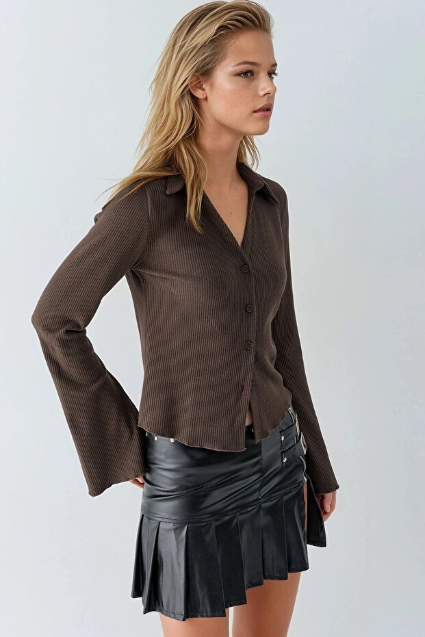 بلوزة طويلة الأكمام ذات ملمس مميز مع أزرار - 3