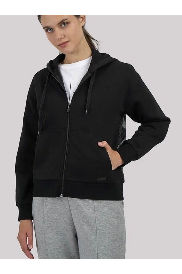 Hooded Women's Jacket with Zipper and Knit Detail on the Back