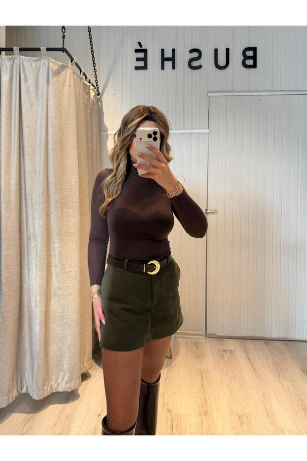 YEŞİL SÜET ŞORT ETEK - 2