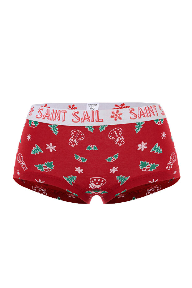 Yılbaşı Temalı Pamuklu Likralı Kumaşlı Baskılı Couple Boyshort Kadın Külot - 3