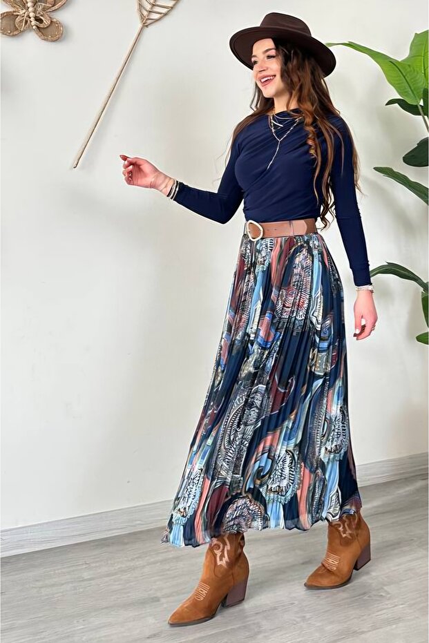 Belted Patterned Lined Chiffon Skirt - 5