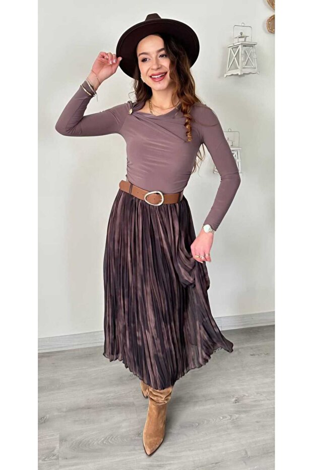 تنورة شيفون مبطنة بنقشة مزخرفة بحزام - 5