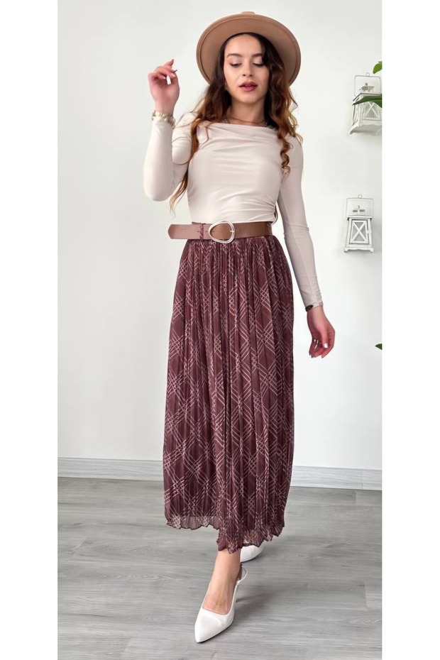 تنورة شيفون مبطنة بنقشة مزخرفة بحزام - 1