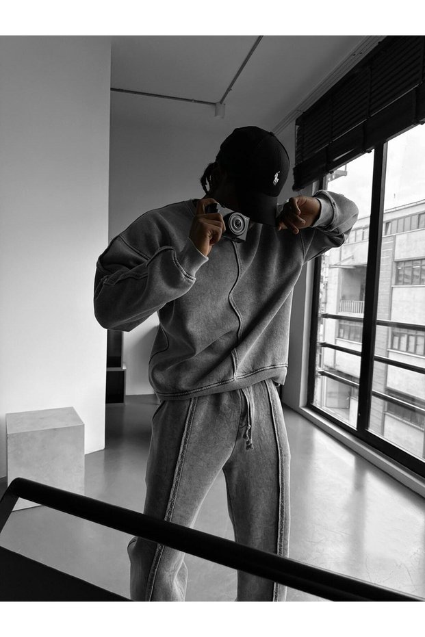 Unisex Oversized Acid Washed Tracksuit Set Stitching Detailed Jogger and Sweatshirt Set