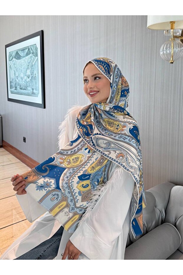 Paisley Patterned Silk-Look Shawl – Blue Yellow Satin Scarf, Stylish and Modern Design
