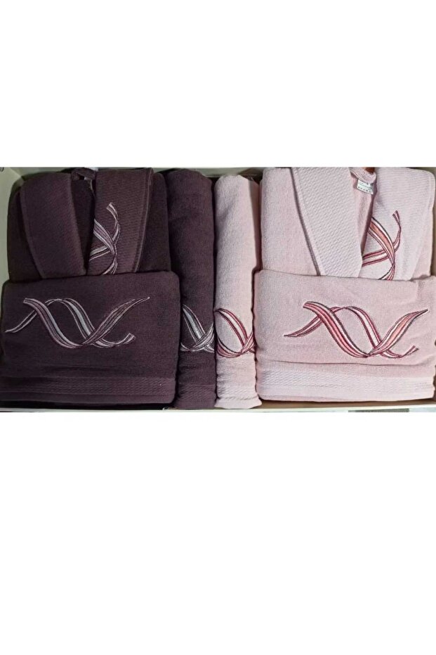6 Piece (100% Cotton) Family Bathrobe Set Pink Wave Burgundy-Pink