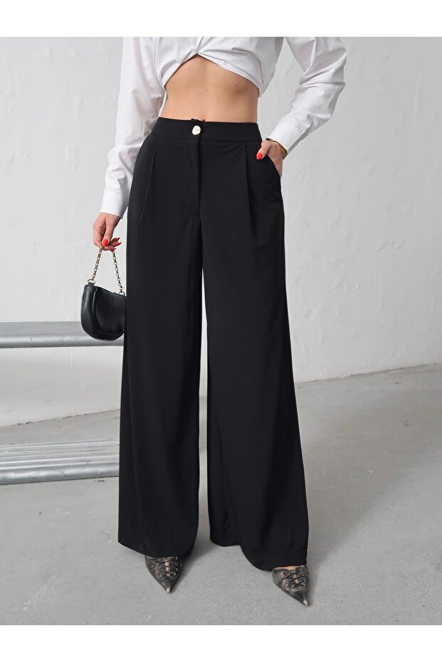 Women's Lea Button Detailed Palazzo Fabric Trousers