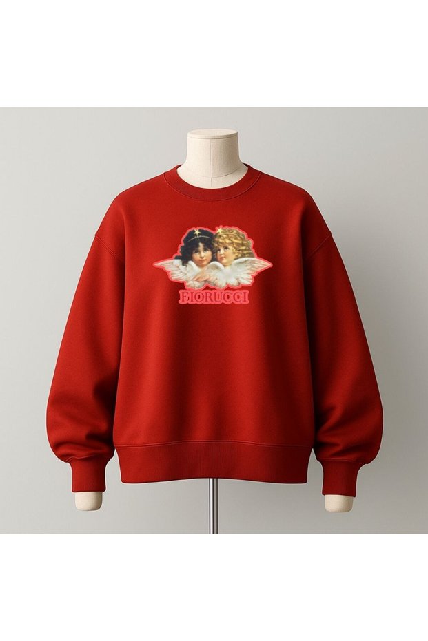 Red Unisex Anel Angel Patterned Women Men Dtf Printed Oversized Sweatshirt