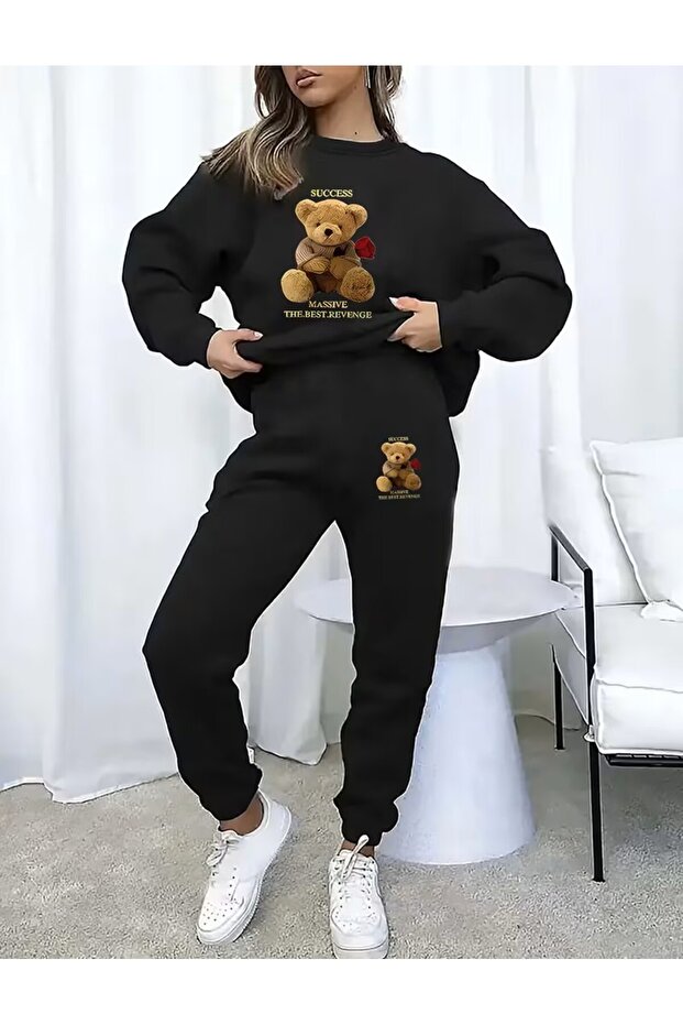 Women's Patterned Teddy Bear Print Top and Bottom Tracksuit Set