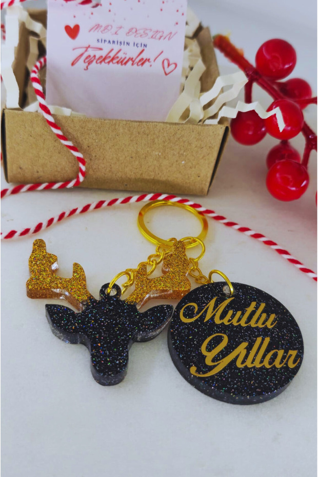 New Year Themed Keychain Silvery Black Deer Head &'Happy New Year' Stylish Decorative Gift