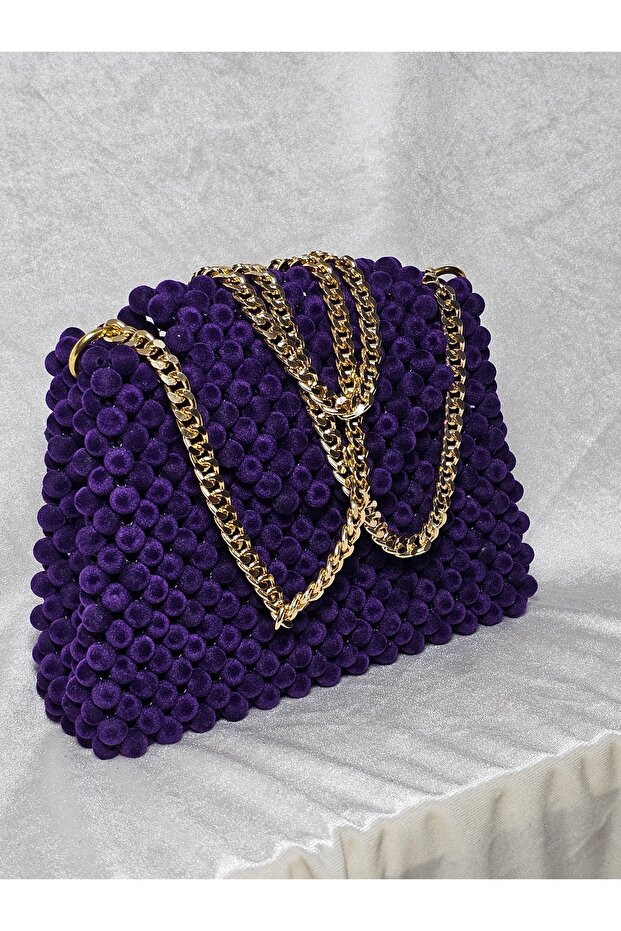 Noble Purple: Handmade Velvet Textured Beaded Bag with Gold Chain Detail