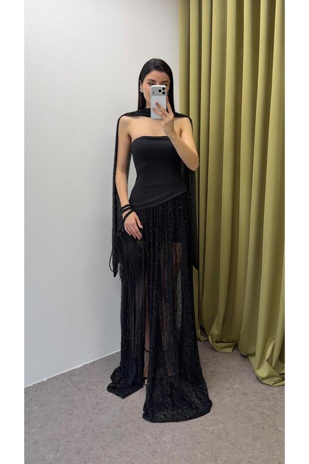 Şallı Siyah Elbise - 1