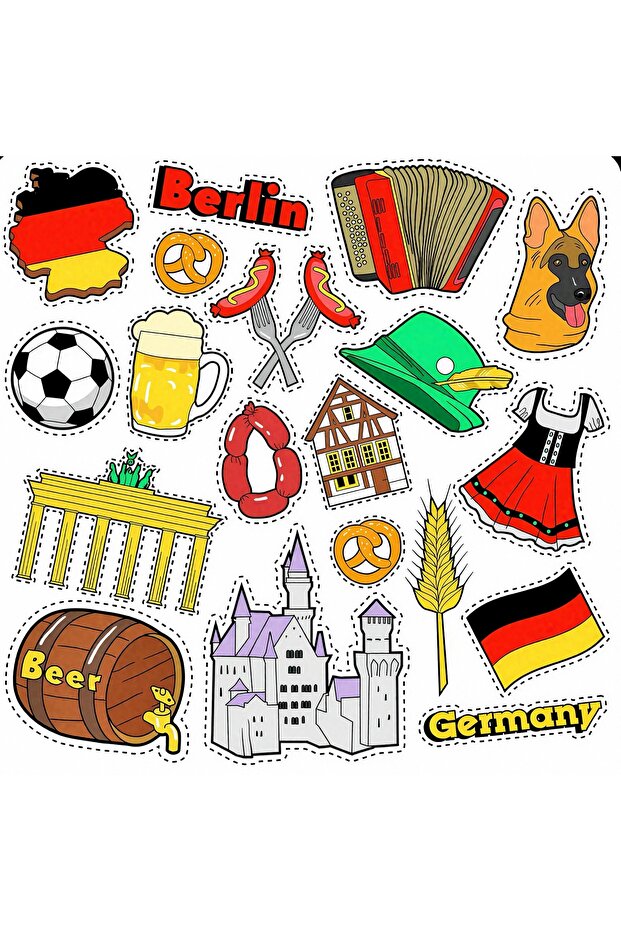 Germany – Berlin Themed Sticker Set | Sausage, Beer, German Flag, Pretzel - 15 Pieces