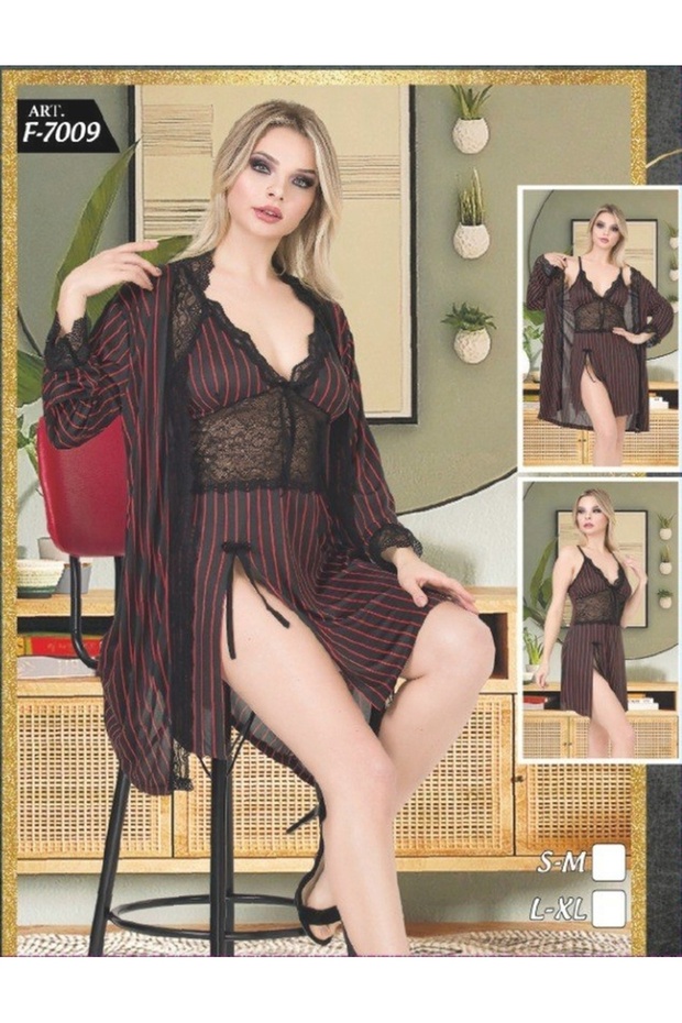 طقم روب صباحي مخطط ومزين بالدانتيل - 1