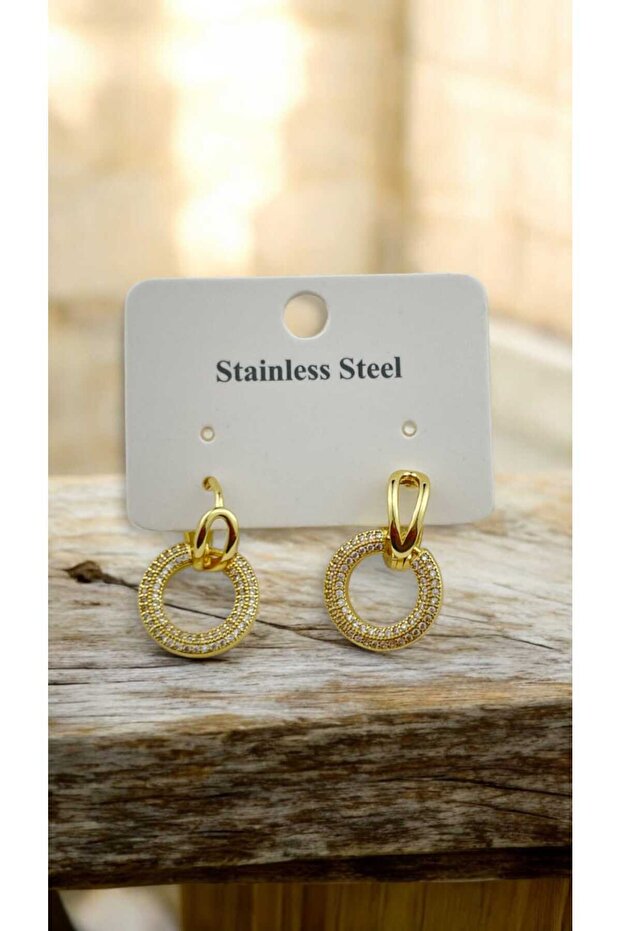 Steel Gold Color Zircon Stone Hoop Earrings