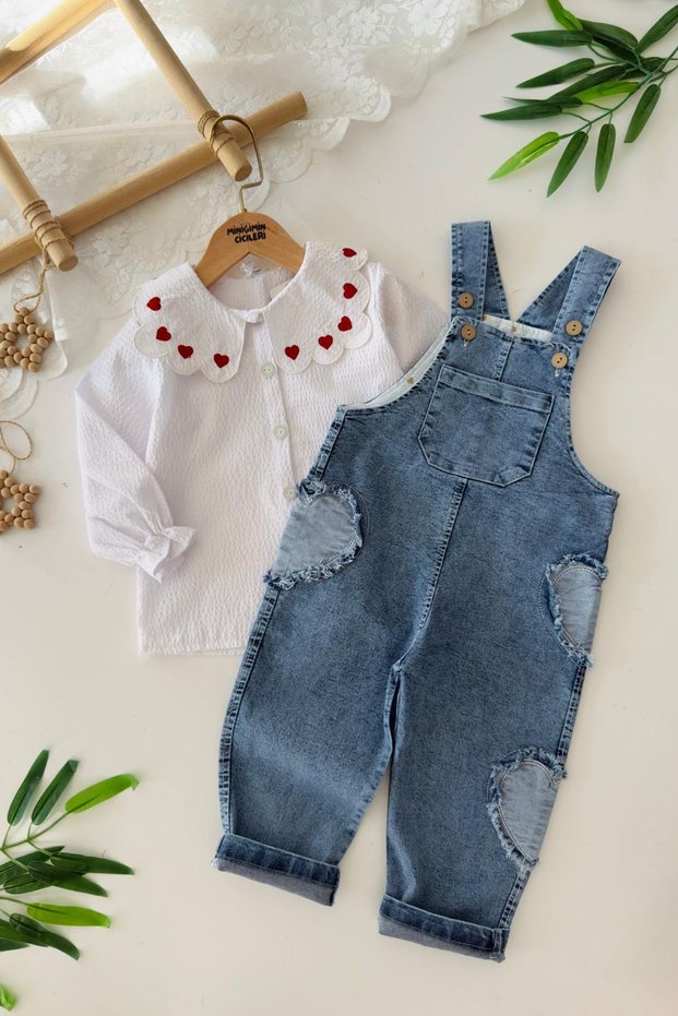 My Little One's Heart Embroidered Girls' Denim Overalls Set - Blue