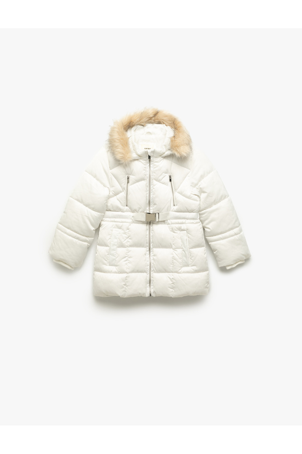 Long Sleeve Faux Fur Detailed Belted Hooded Coat