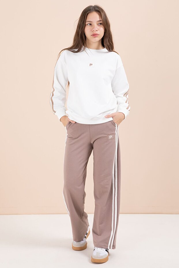 Brown Striped Detail Wide Leg Embroidered Girl's Oversized Tracksuit Set 23455