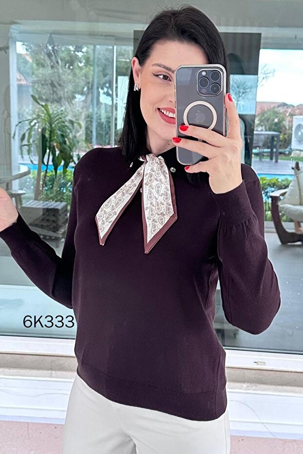 Long Sleeve Knit Blouse with Scarf 6K333