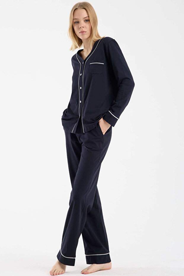 طقم بيجامة بأزرار تفاصيل أسطوانية - أزرق داكن - 1