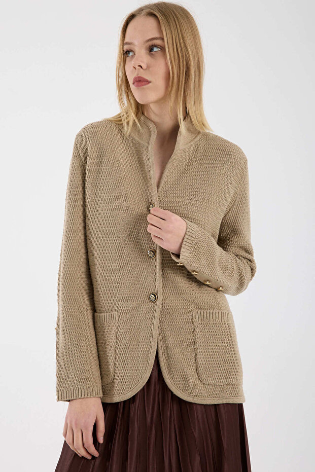 Hakim Collared Buttoned Wool Knit Jacket - Camel - 5