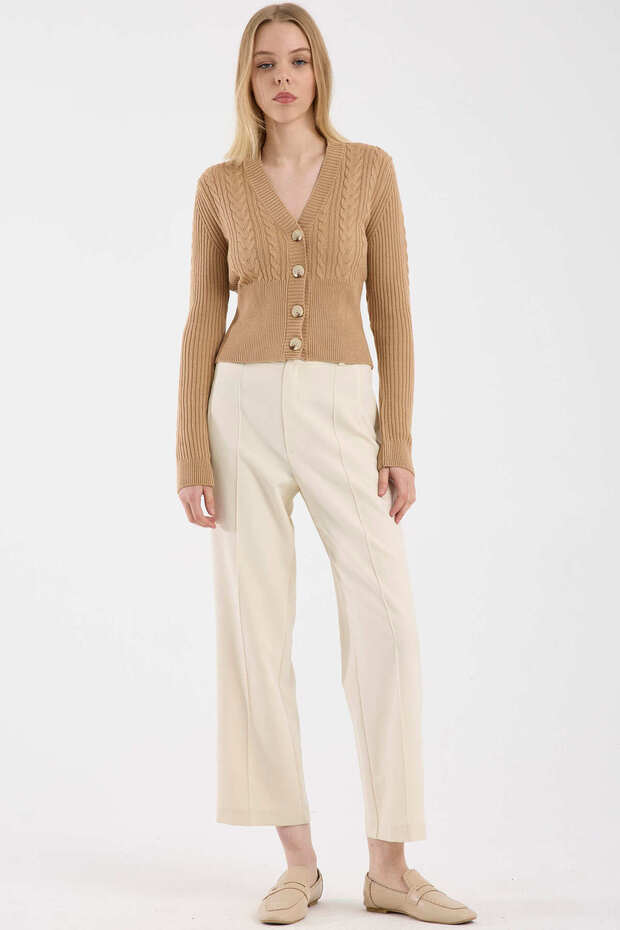 Buttoned Brass Motif Knitwear Cardigan - Camel