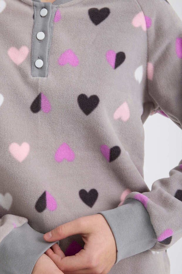طقم بيجامة صوف بنقشة قلب - رمادي - 5
