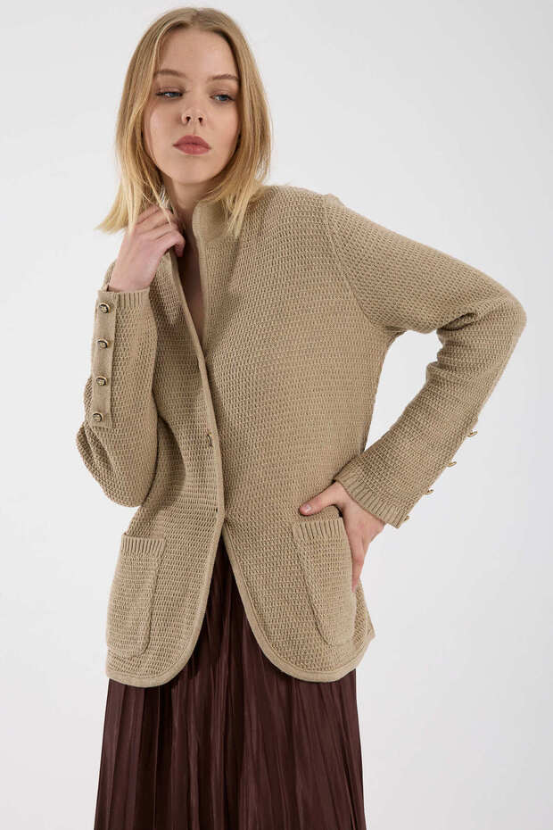 Hakim Collared Buttoned Wool Knit Jacket - Camel - 2
