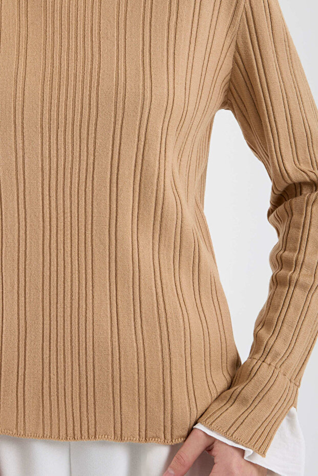 Parça Detaylı Fitilli Triko Kazak - Kamel - 4