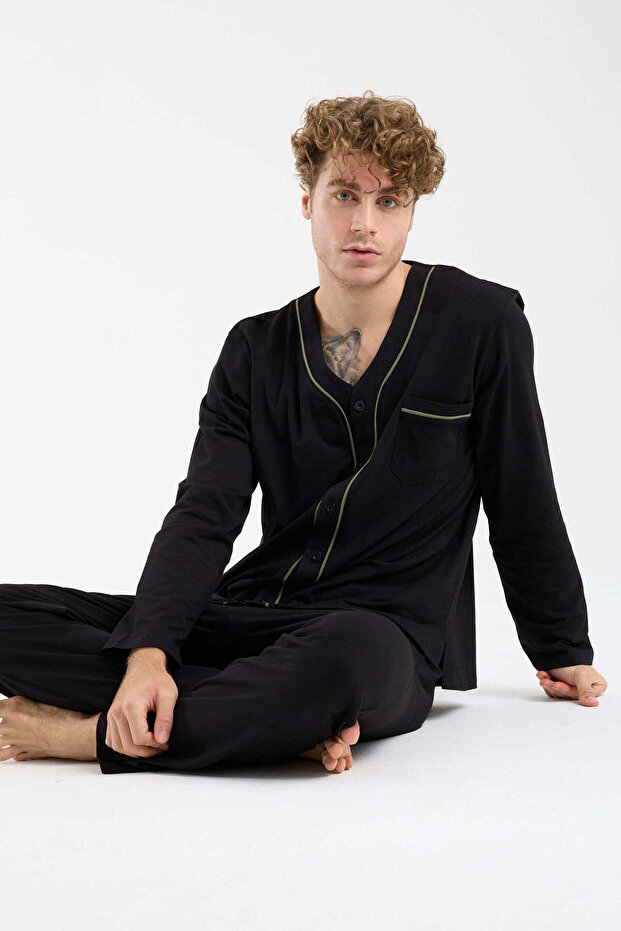 طقم بيجامة بأزرار وياقة على شكل V - أسود - 3