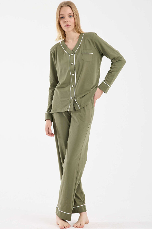 طقم بيجامة بأزرار تفاصيل أسطوانية - كاكي - 2