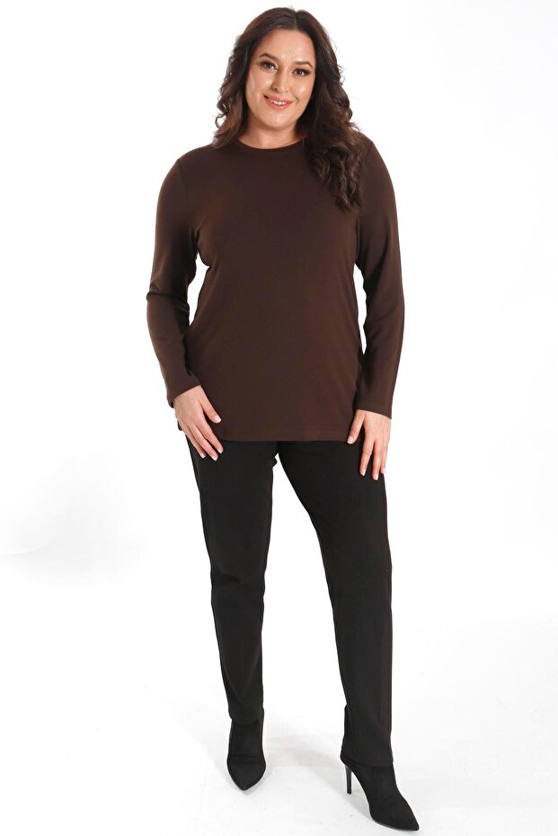Trend42Plus Plus Size Basic Crew Neck Brown Blouse - 4