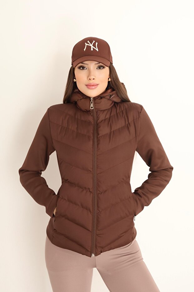 Women's Brown Hooded Puffer Jacket – Zippered