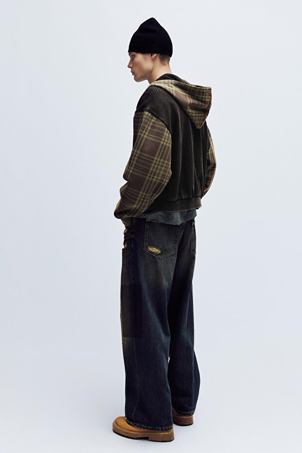 Kareli fermuarlı kapüşonlu sweatshirt - 3