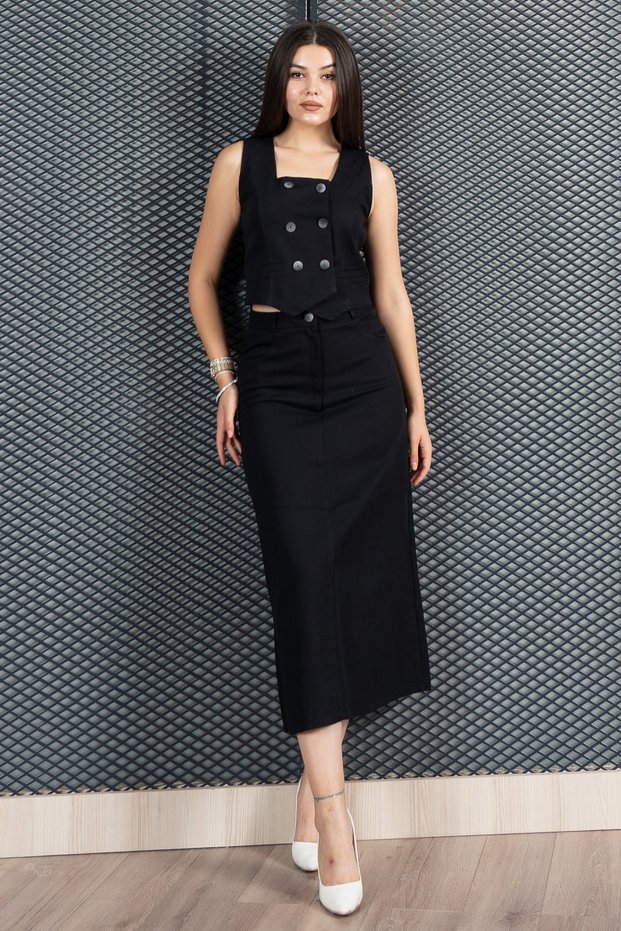 Women's Summer Black Vest Skirt Gabardine Denim Set Stylish Daily Comfortable Two-Piece 1242