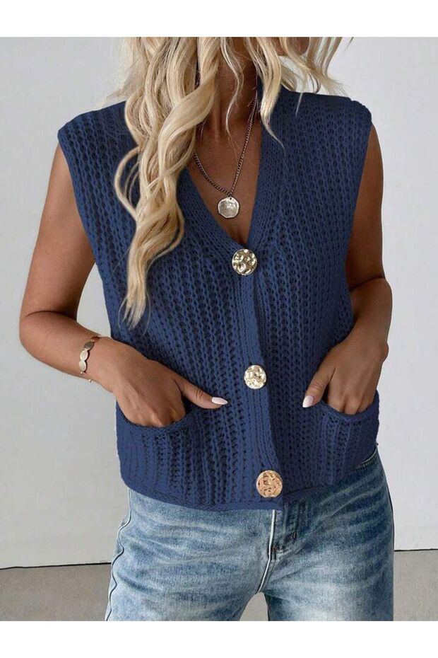 Women'S, Rib Knit V-Neck Buttoned Cardigan, Vest
