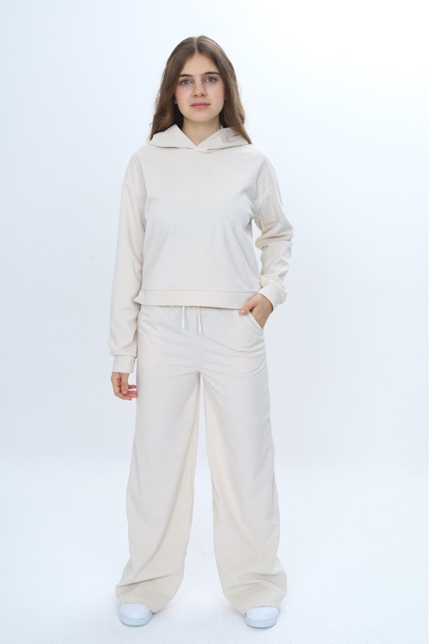 Girl's 2-Piece Set Hooded Off-Shoulder Sweatshirt Wide-Leg Sweatpants with Pockets & Velvet