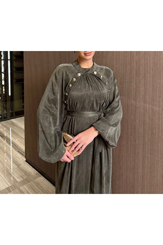 İpek Cupra Gold Düğmeli Elbise - 3