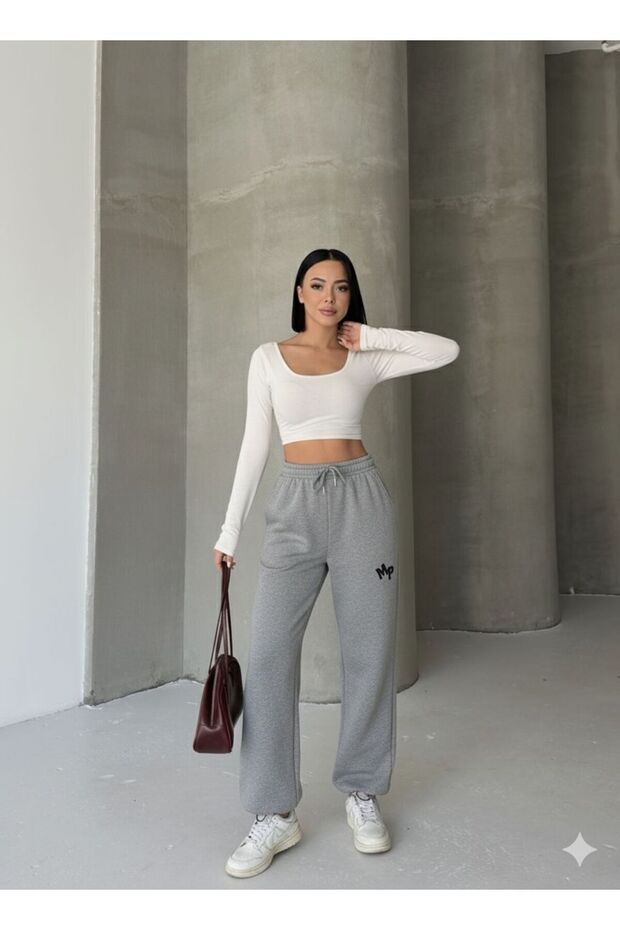 Women's 3 Thread Ribbed Sweatpants - Relaxed Fit Jogger Pants with Embroidery Detail