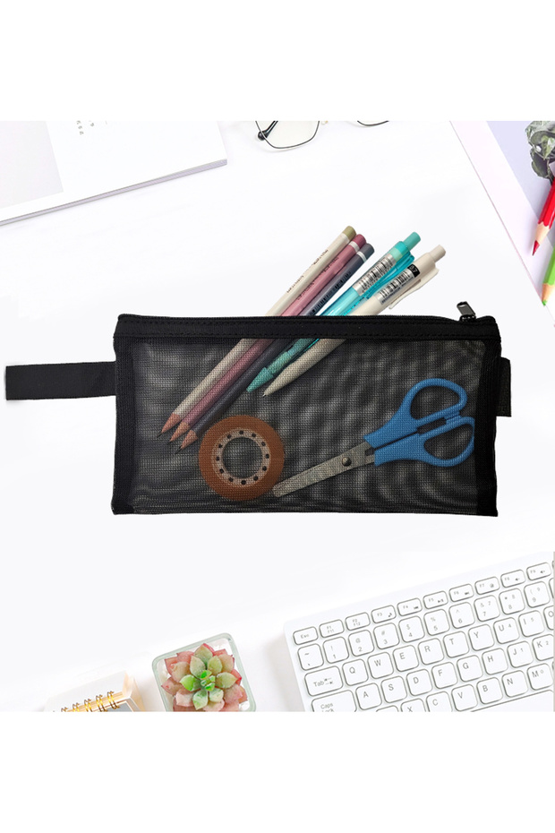 Pencil Case Transparent Mesh Washable Mesh Pen Holder - Black