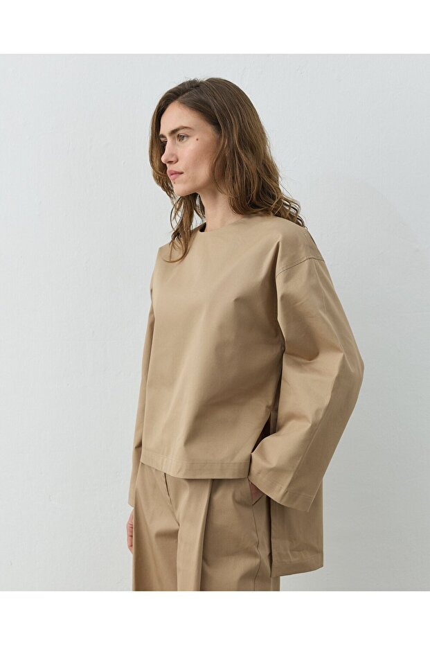 Paper Gabardin Yırtmaçlı Basic Bluz Camel - 1