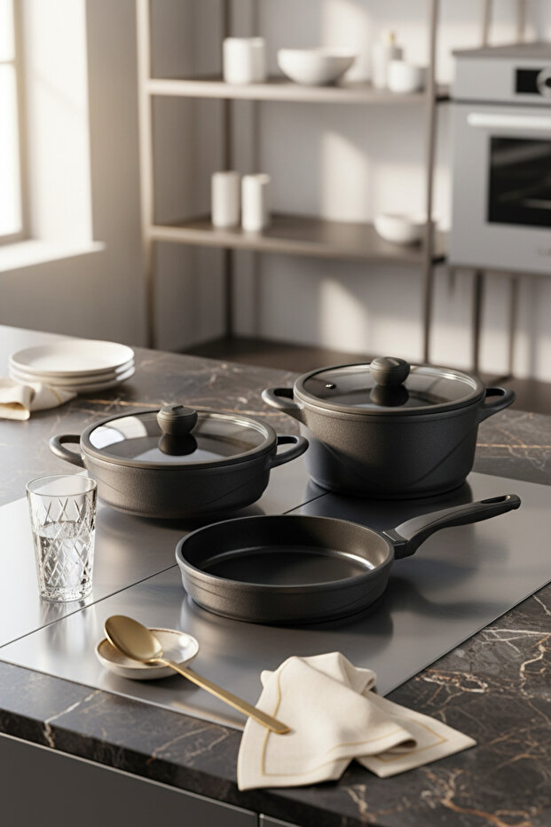 Arista 5-Piece Ceramic Cast Iron Cookware Set with Glass Lids, Black