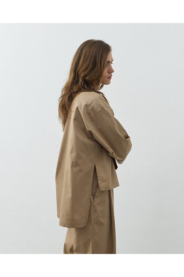 Paper Gabardin Yırtmaçlı Basic Bluz Camel - 7