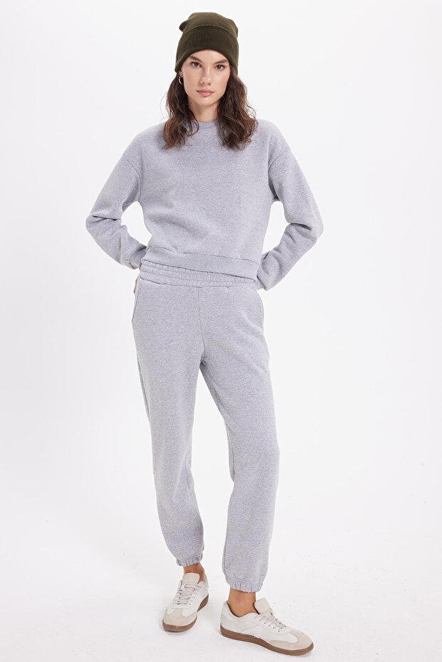 Women's Regular Fit Cotton 3 Thread Soft Textured Fleece Lined Crew Neck Grey Tracksuit Set