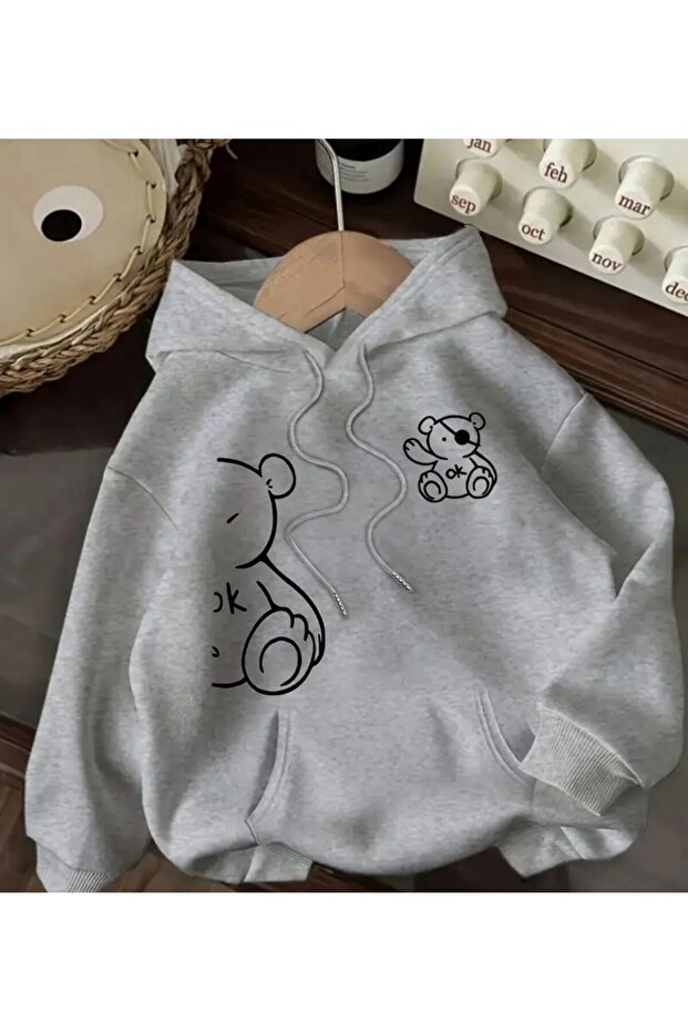 Hooded Sweatshirt with Teddy Bear Print Detail