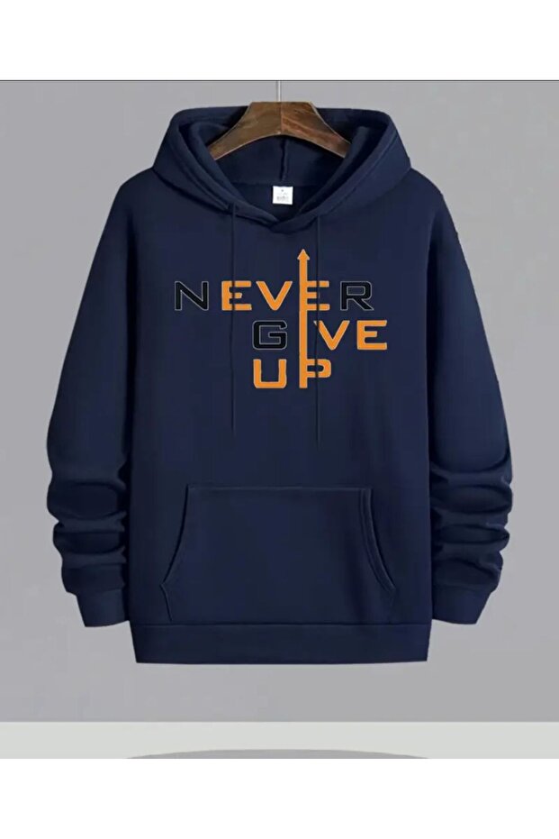 Never Give up Print Detailed Hooded Sweatshirt