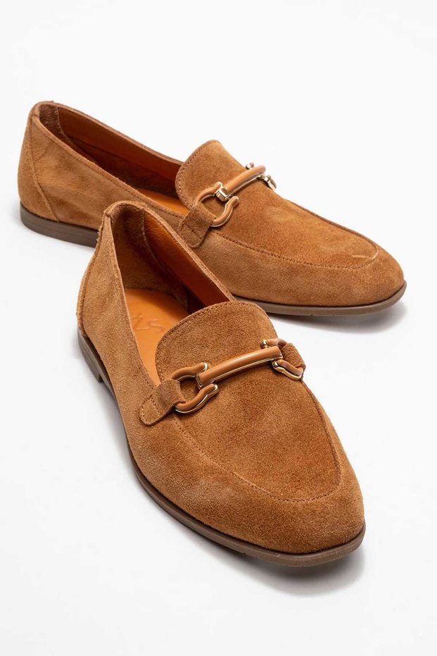 Women's Genuine Leather Loafers Buckle Detail Casual Shoes Tan Suede Livia